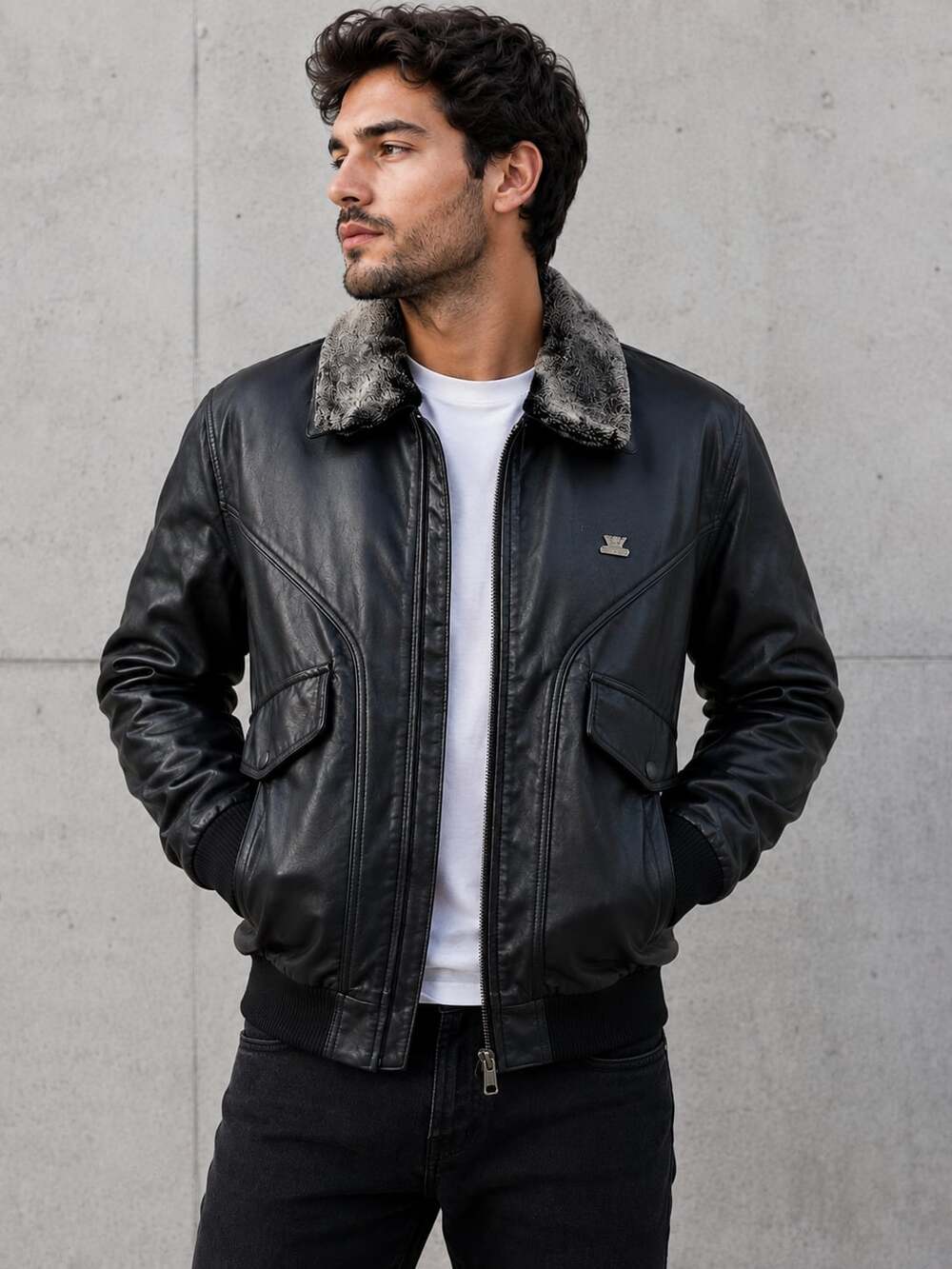 NWT Emporio & Co Faux Leather Aviator Bomber Jacket Faux Fur Collar S Italy